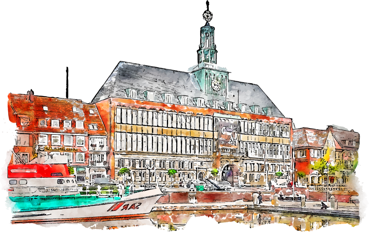Handgemalte Darstellung des Rathauses von Emden